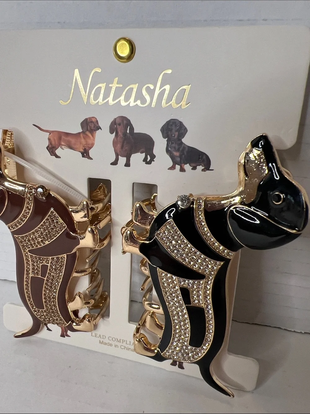 Natasha Dachshund Dog Hair Clips Brown Black Gold Bling New